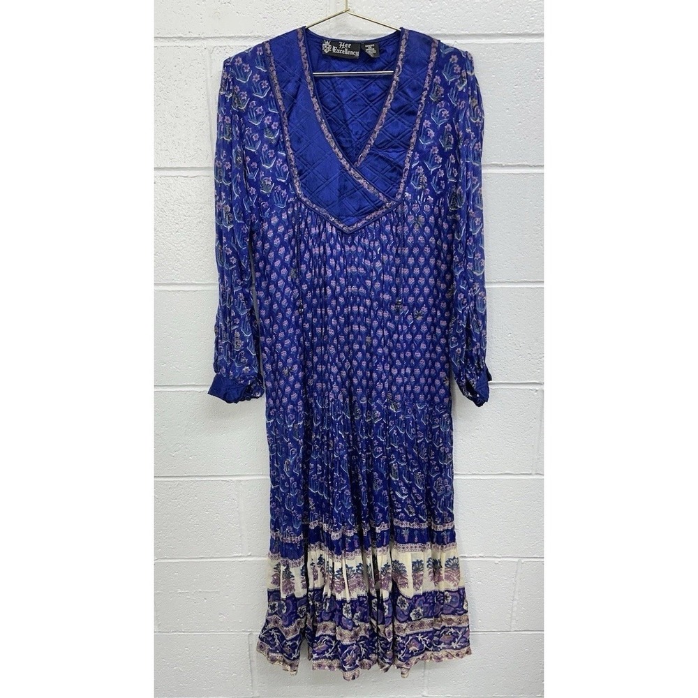 1970s Her Excellency Indian Cotton Gauze Blue Floral Maxi Dress / Women’s Small